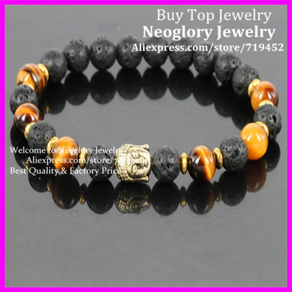 

10PCS Men's Buddha bracelet, Nature Lava Stone Beads With Tigers Eye bracelet,Gold Buddha bracelet, Energy Stretch bracelet
