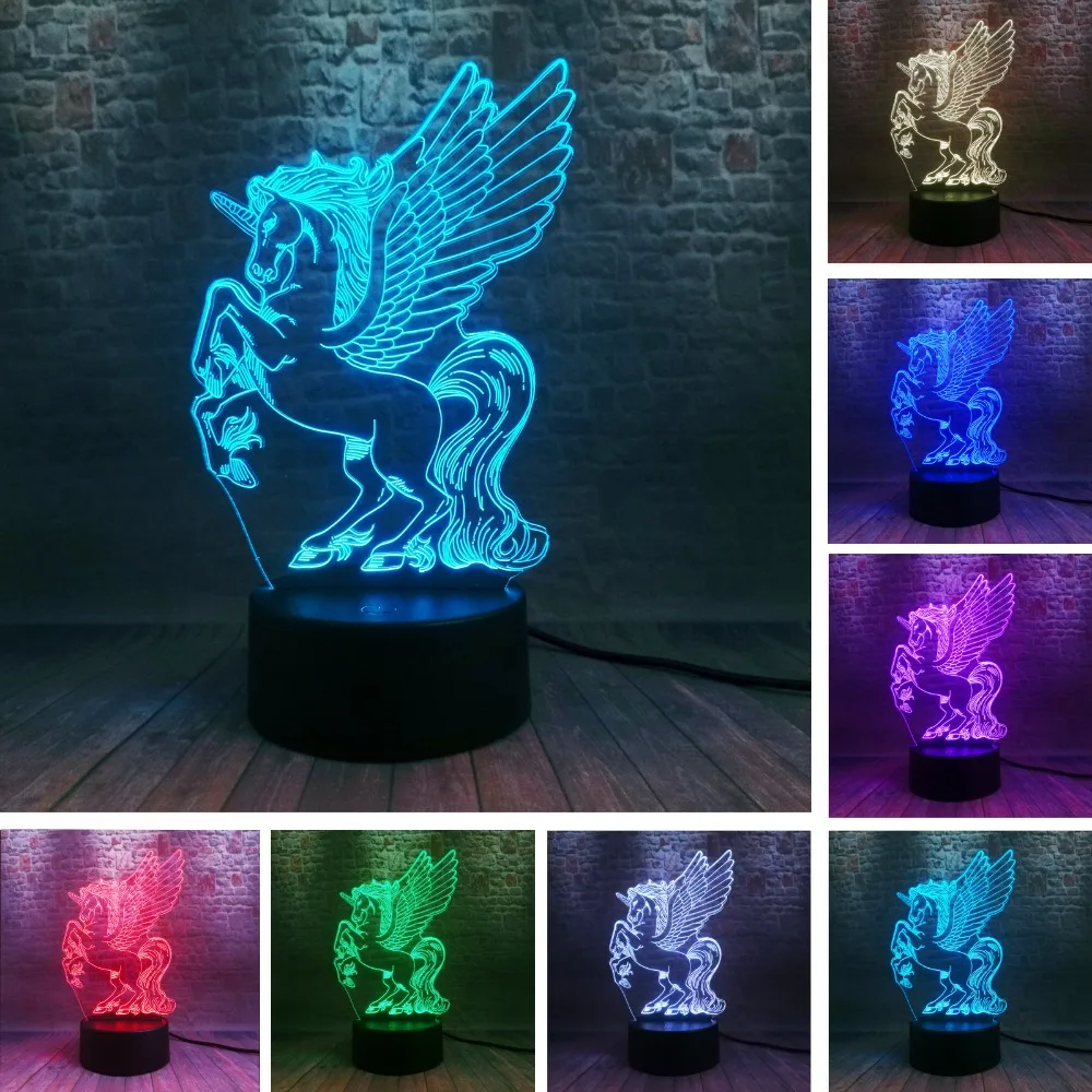 

Amroe Flying Unicorn Big Wings 3D LED Night Light Cartoon Party Lamp 7 Color Change Baby Bedroom Beside Decor Child Xmas Toys