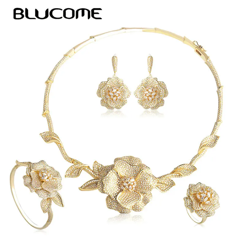 Blucome Elegant Cubic Zirconia Necklace Earrings Bangle Ring Jewelry Set For Women Gold Color Flower Shape Wedding Accessories
Blucome Elegant Cubic Zirconia Necklace Earrings Bangle Ring Jewelry Set For Women Gold Color Flower Shape Wedding Accessories