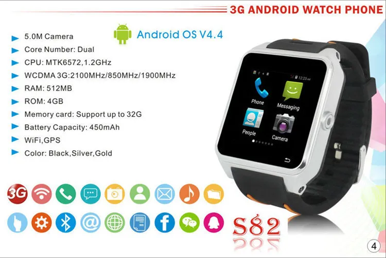 Смарт Часы Телефон GSM WCDMA SW82 Smartwatch Android Износ ОС Dual Core GPS 2.0MP Камера Bluetooth 4.0 Wi Fi FM SIM