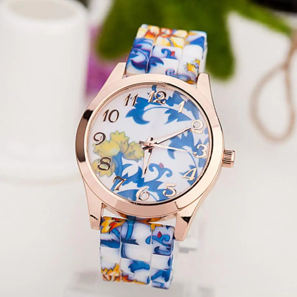 2018 Топ бренд новые роскошные женские часы Reloj Роза цветочный принт силиконовый