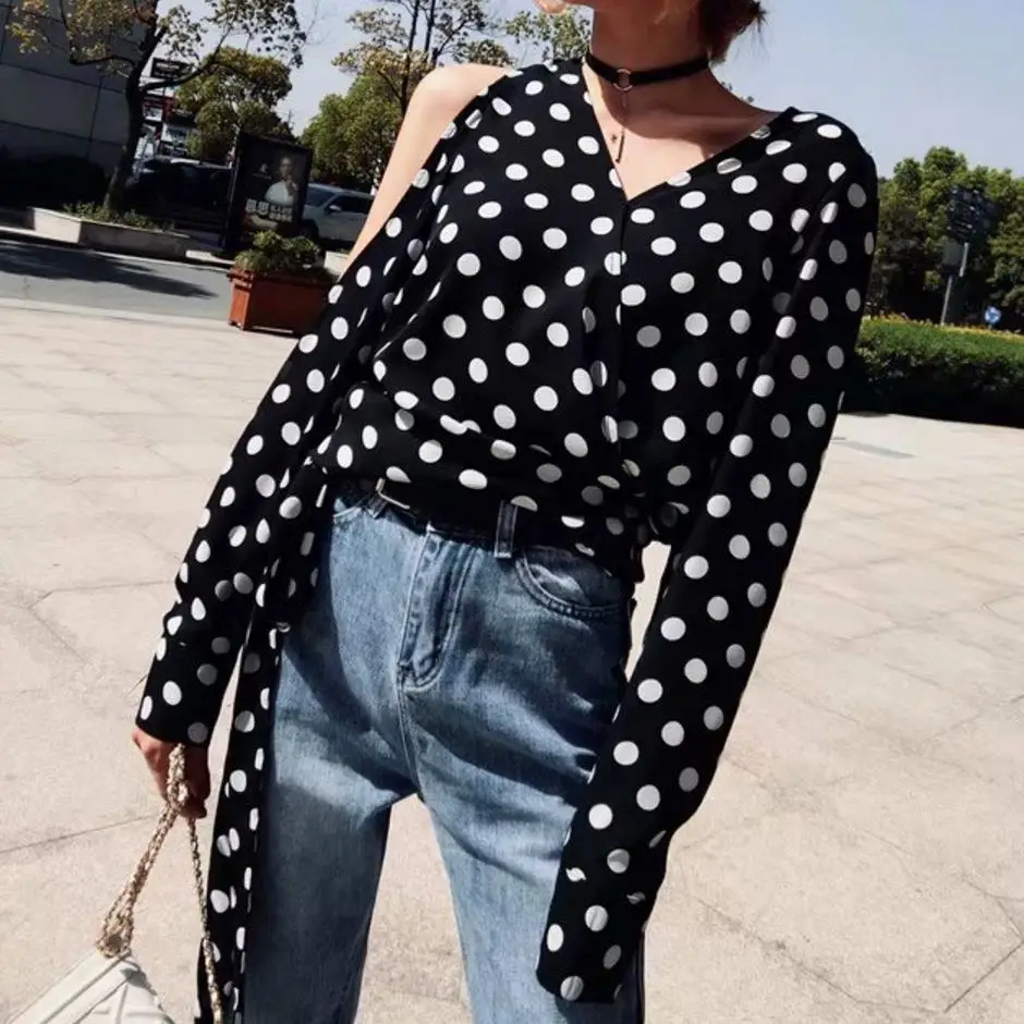 2018 Винтаж Для женщин блузки Повседневное V шеи Blusas в горошек рубашка с длинными