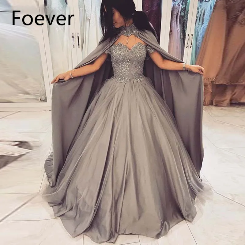 2019 Grey Ball Gown Evening Dresses with Cape Off the Shoulder Appliques Sequined Make Up Gowns Puffy Skirt Pleat Pageant Dress
2019 Grey Ball Gown Evening Dresses with Cape Off the Shoulder Appliques Sequined Make Up Gowns Puffy Skirt Pleat Pageant Dress