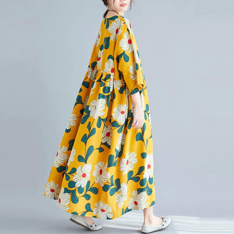 Женское платье из хлопка и льна размера плюс с цветочным принтом летнее большого