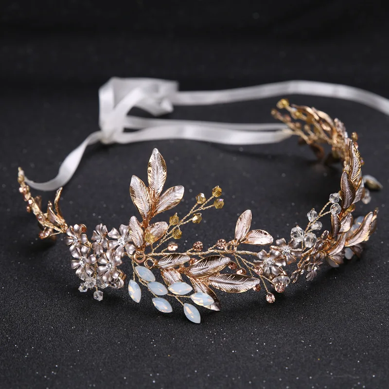 

Champagne Alloy Crystal Beads Flower Bride Headbands Hair Comb Princess Bridal Ribbon Hairband Wedding Hair Accessories Crown