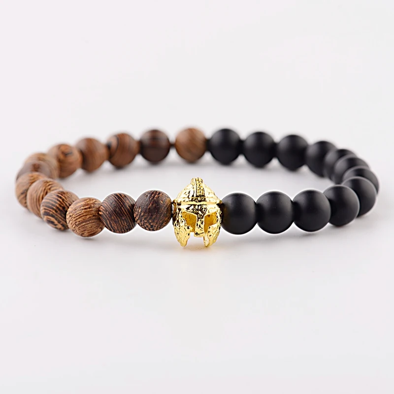 DOUVEI Vintage Gold Roman Knight Spartan Warrior Gladiator Helmet Bracelet Men Meditation Black&Wood Pulseras ABJ037 | Украшения и