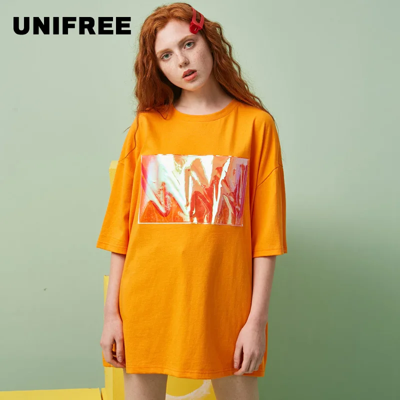UNIFREE 2019 Summer New women t shirt cotton Simple Fashion Euro-American Wind Mapping Loose Leisure summer top U192G219HA | Женская