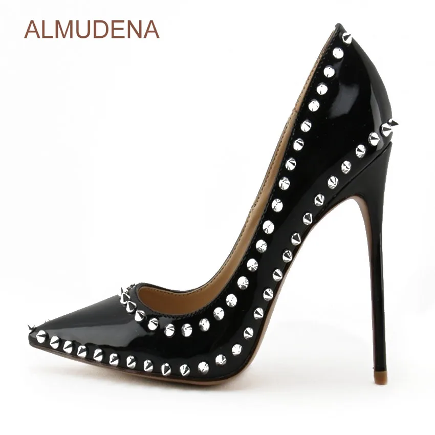 ALMUDENA Awesome Brand New Siver Rivets Pumps Stiletto Heels Black Patent Leather Pointed Toe Banquet Shoes Popular Spike Shoes
ALMUDENA Awesome Brand New Siver Rivets Pumps Stiletto Heels Black Patent Leather Pointed Toe Banquet Shoes Popular Spike Shoes