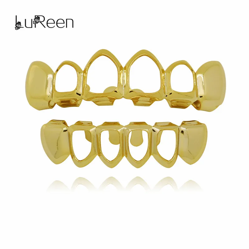 

LuReen Rapper Hollow Out Teeth Grillz Top Bottom Gold Silver Color Dental Grills Vampire Fangs Tooth Caps Mouth Jewelry Gift