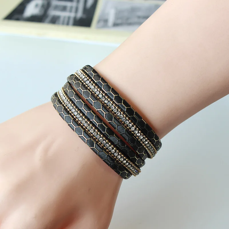 Trendy Honeycomb Leather Bracelets With Crystal 2pcs/lot Magnet Buckle Bangle Free Shipping | Украшения и аксессуары
