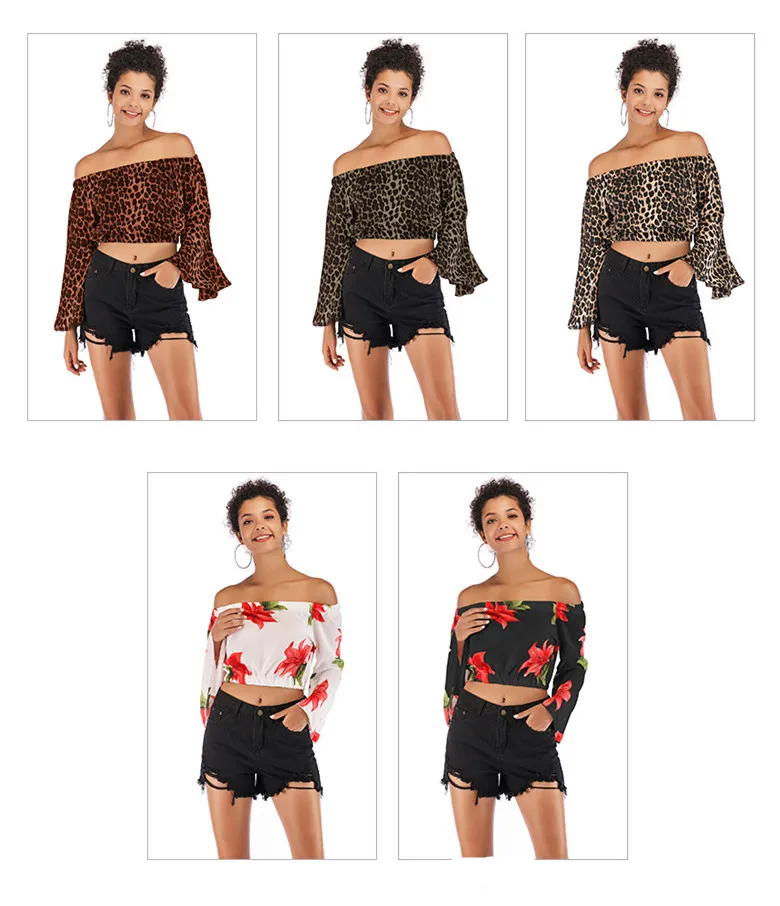 Off Shoulder Women Summer Chiffon Top and Blouses Leopard Floral Printing Female Shirt Slash Neck Flare Sleeve Lady Crop Top
Off Shoulder Women Summer Chiffon Top and Blouses Leopard Floral Printing Female Shirt Slash Neck Flare Sleeve Lady Crop Top