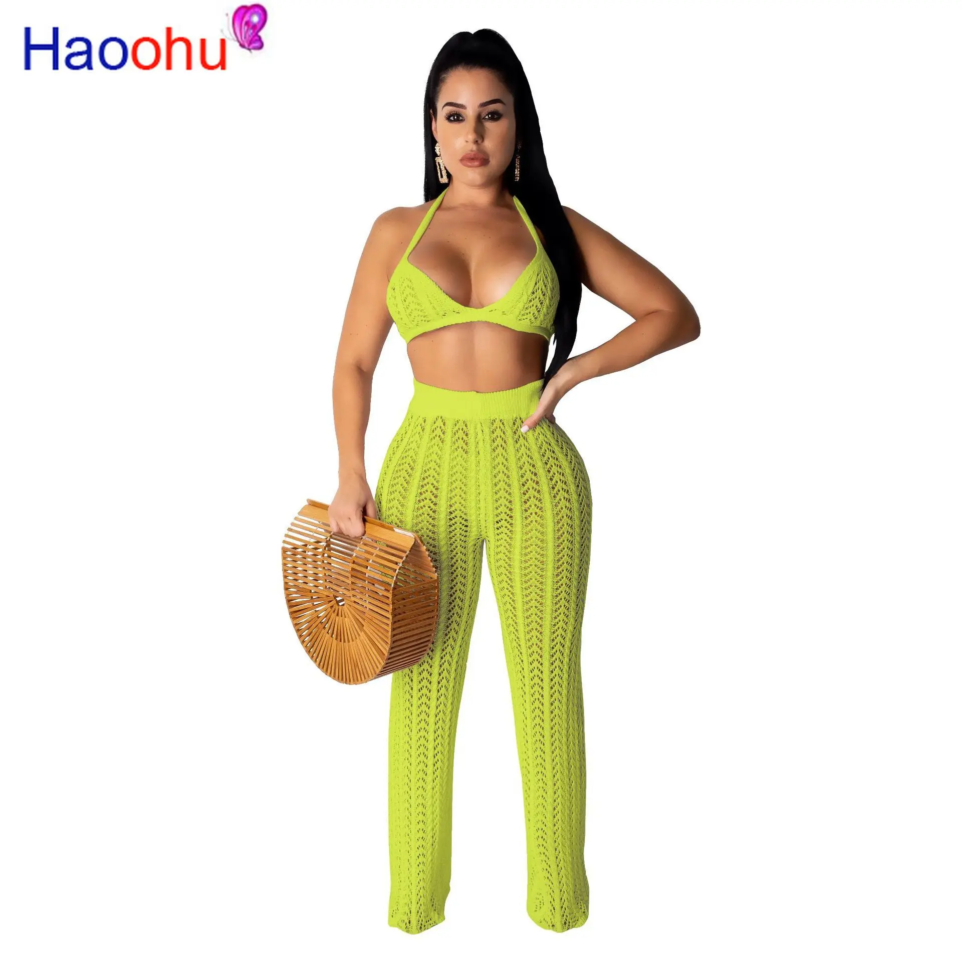 HAOOHU Sexy Fishnet Knitted Two Piece Set Women See Through Hanging neck Bra Top Pants Fashion Casual Beach 2 Piece Outfits F
HAOOHU Sexy Fishnet Knitted Two Piece Set Women See Through Hanging neck Bra Top Pants Fashion Casual Beach 2 Piece Outfits F