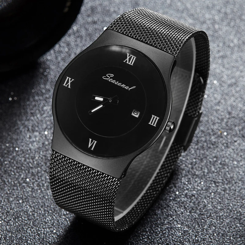 Мужские кварцевые часы Reloj Hombre деловые из стали с сеткой В миланском стиле