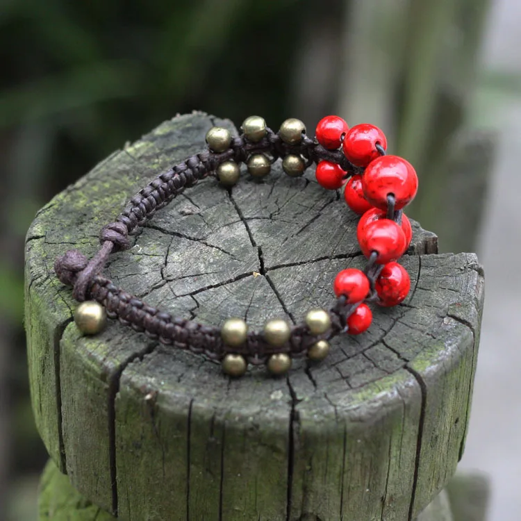 2Colors Original red stones bracelet for women ethnic brass apple handmade braided vintage bracele | Украшения и аксессуары