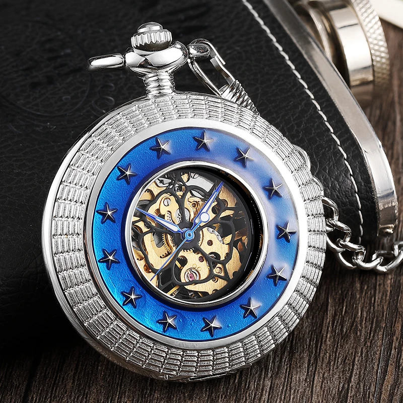 Vintage Steampunk Silver Mechanical Pocket Watch Men Women Unique Blue Ring Star Surrounded Hand Wind Watch FOB Chain Roman Dial
Vintage Steampunk Silver Mechanical Pocket Watch Men Women Unique Blue Ring Star Surrounded Hand Wind Watch FOB Chain Roman Dial