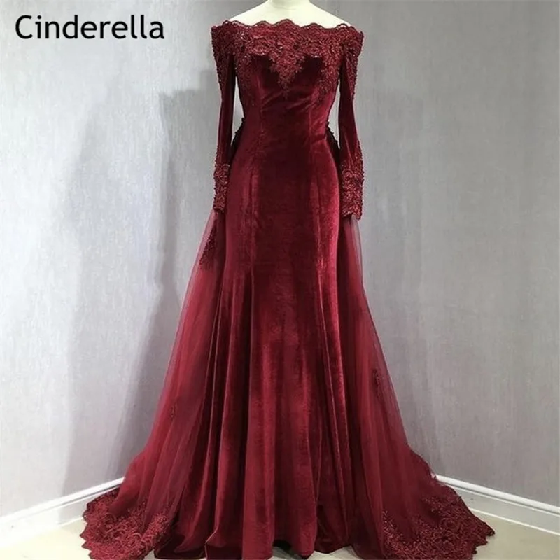Cinderella Boat Neck Long Sleeves Mermaid Zipper Lace Applique Crystal Beaded Velour Prom Dresses vestidos de fiesta de noche
Cinderella Boat Neck Long Sleeves Mermaid Zipper Lace Applique Crystal Beaded Velour Prom Dresses vestidos de fiesta de noche