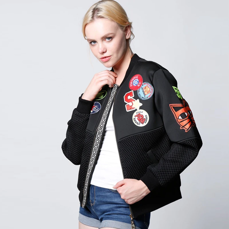 Women Bomber Jacket Appliques Letter Zipper Patchwork Breathable Fabrics Short Coat Spring Autumn Basic Jackets 2017 New Fashion | Женская
