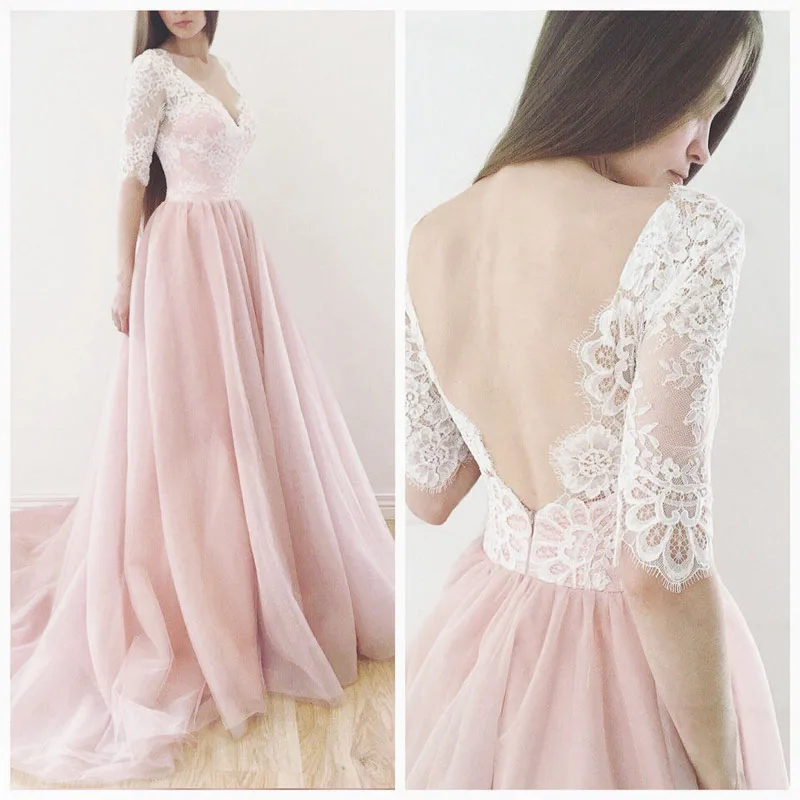 Elegant Blush Pink Long Prom Gowns Lace Top Half Sleeve Deep V Neck Backless Evening Wear Custom Made Vintage Party Dresses
Elegant Blush Pink Long Prom Gowns Lace Top Half Sleeve Deep V Neck Backless Evening Wear Custom Made Vintage Party Dresses