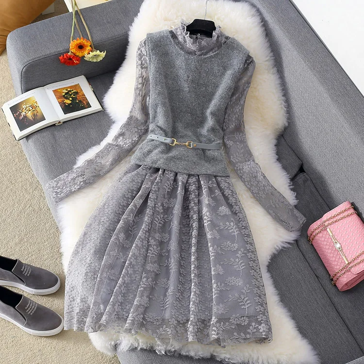 Fashion Dress Suit Womens Lace Mesh Hollow Out Sexy Dress +knit Short Vest 2021 spring autumn New Female Two Piece Dresses Sets
Fashion Dress Suit Womens Lace Mesh Hollow Out Sexy Dress +knit Short Vest 2021 spring autumn New Female Two Piece Dresses Sets