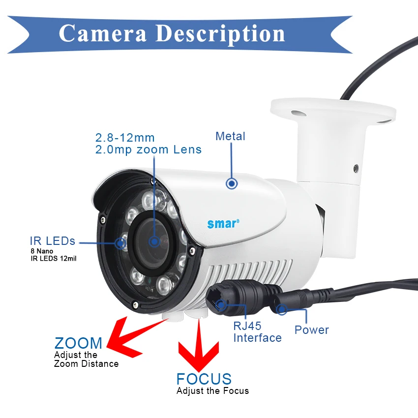 Smar Full HD 2.8-12MM Zoom IP Camera H.265 HI3516CV300 Onvif 8 Nano IR LEDS Night Vision Waterproof Outdoor Bullet Camera 1080P
Smar Full HD 2.8-12MM Zoom IP Camera H.265 HI3516CV300 Onvif 8 Nano IR LEDS Night Vision Waterproof Outdoor Bullet Camera 1080P