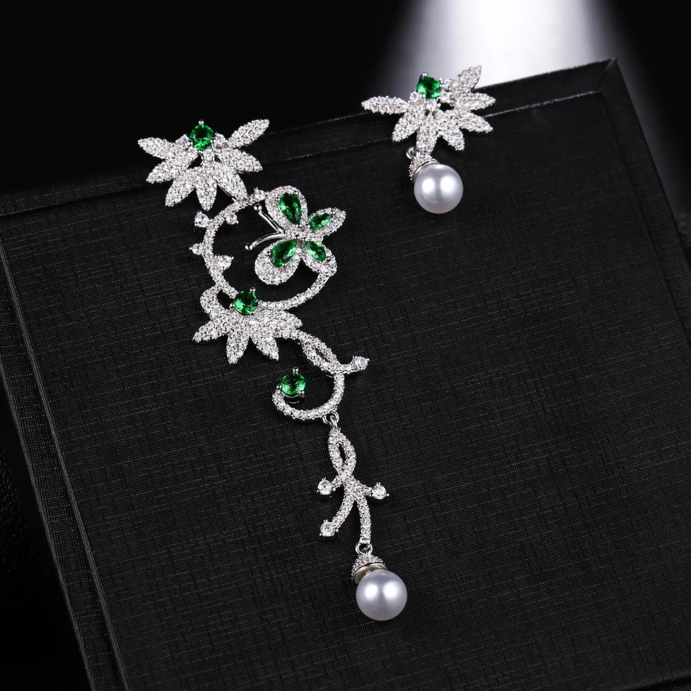Fashion Inspired Asymmetric Green Butterfly And flower cane shaped Drop Earrings With Simulated pearl CZ Stone Women Jewelry
Fashion Inspired Asymmetric Green Butterfly And flower cane shaped Drop Earrings With Simulated pearl CZ Stone Women Jewelry