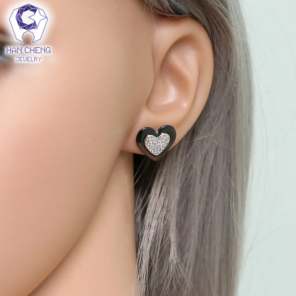 HanCheng New Fashion Silver Plated Nail Gem Stone Cubic Zirconia Ceramic Heart Stud Earrings For Women Jewelry brincos bijoux | Украшения и