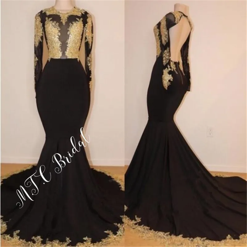 Backless Black Mermaid Long Sleeve Evening Dress 2019 Gorgeous Gold Lace Elastic Satin Sweep Train Formal Occasion Dresses Cheap
Backless Black Mermaid Long Sleeve Evening Dress 2019 Gorgeous Gold Lace Elastic Satin Sweep Train Formal Occasion Dresses Cheap
