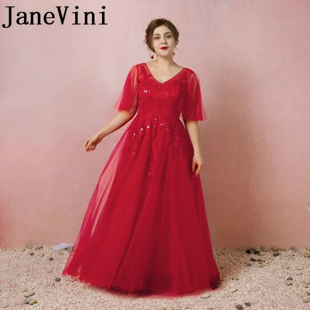 JaneVini 2018 Red Tulle Long Bridesmaid Dresses Plus Size V-Neck Lace Appliques Sequins Floor-Length Formal Gowns for Wedding
JaneVini 2018 Red Tulle Long Bridesmaid Dresses Plus Size V-Neck Lace Appliques Sequins Floor-Length Formal Gowns for Wedding
