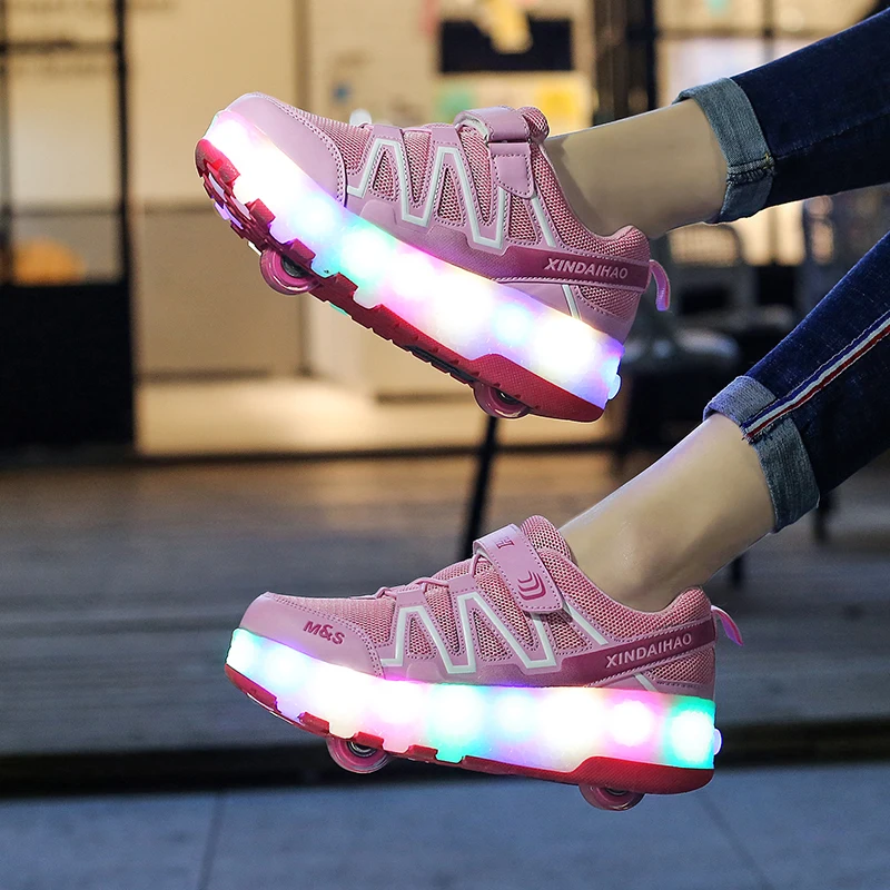 Eur28-40// Two Wheels USB Charging Glowing Sneakers on Led Light Heelys Roller Skate Shoes for Children led light shoes | Детская одежда