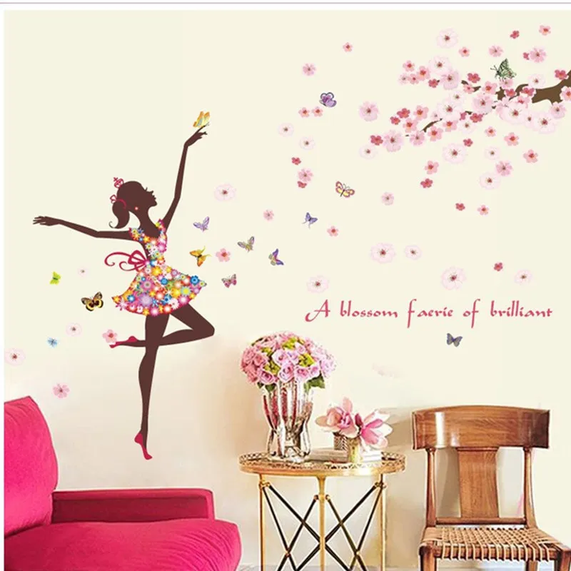 Romantic flower fairy girl Butterfly cherry tree wall sticker Creative modern style bedroom living room TV background home decor | Дом и сад