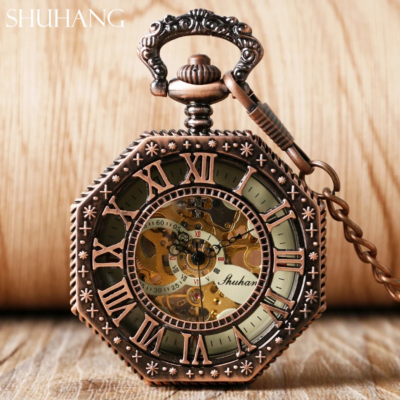 SHUHANG Rose Cooper Mechanical Hand Winding Pocket Watch Octagon Shape Roman Number Skeleton Clock Pendant with Chain Best Gift
SHUHANG Rose Cooper Mechanical Hand Winding Pocket Watch Octagon Shape Roman Number Skeleton Clock Pendant with Chain Best Gift