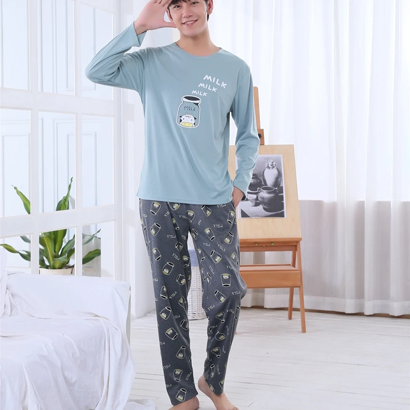 2018 Autumn Winter Cotton Pajamas Sets for Men Long Sleeve Cartoon Pyjama Casual Sleepwear Male Homewear Loungewear Home Clothes | Мужская