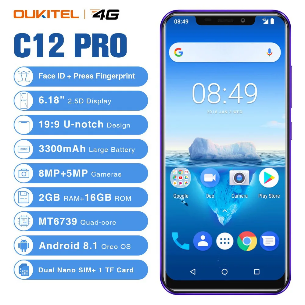 OUKITEL C12 Face ID 6 18 "19:9 смартфон 8MP + 2.0MP MTK6580 четырехъядерный 2 Гб ОЗУ 16 ГБ Android 8 1 3300 мАч