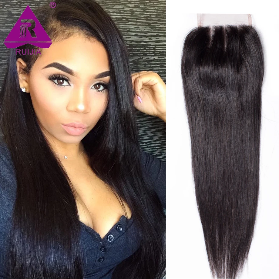 Малайзии Lace Closure Прямые Волосы Weave Бесплатный Средний 3 Часть 4*4 Закрытие