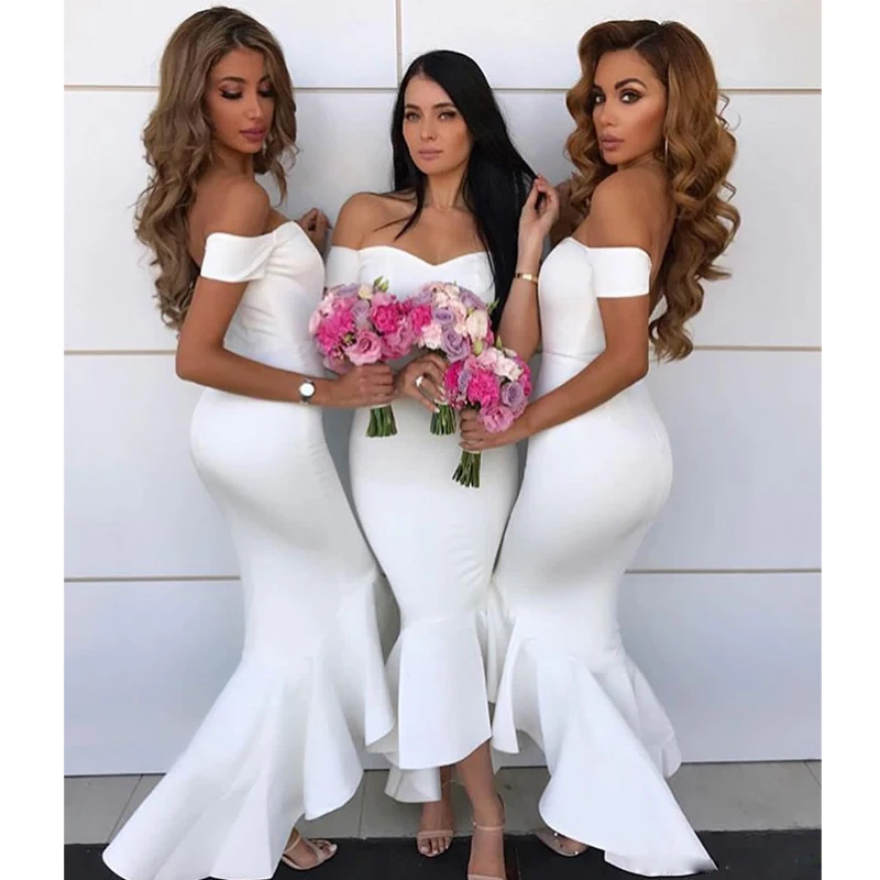 Charming White Off the Shoulder Ankle Length Wedding Guest Dresses Backless Mermaid Bridesmaid Dress Short Prom Gowns
Charming White Off the Shoulder Ankle Length Wedding Guest Dresses Backless Mermaid Bridesmaid Dress Short Prom Gowns