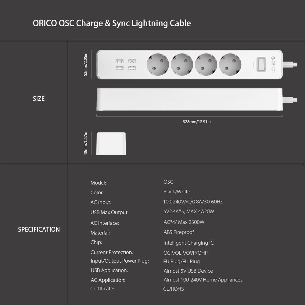 ORICO USB Мощность полосы Офис ЕС Стабилизатор напряжения с 4 Порты и разъёмы 20 Вт