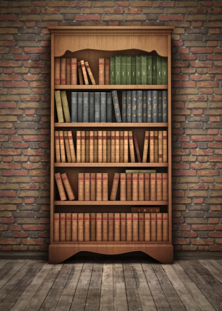 Фон для фотосъемки с изображением деревянной книжной полки книг и кирпичной
