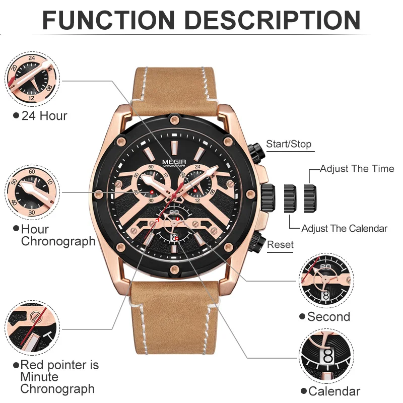 MEGIR Mens Watches Top Brand Luxury Men Fashion Chronograph Quartz Watch Army Military Leather Wrist Relogio Masculino | Наручные часы