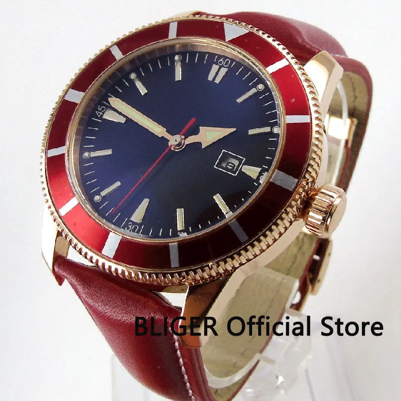 Solid BLIGER 46MM Mineral Glass Blue Sterile Dial Red Rotating Bezel Rose Golden Case MIYOTA Automatic Movement Men's Watch B130
Solid BLIGER 46MM Mineral Glass Blue Sterile Dial Red Rotating Bezel Rose Golden Case MIYOTA Automatic Movement Men's Watch B130