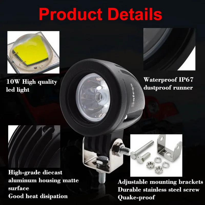 Safego 2inch 10w led work light 12v lamp round led driving lights motorcycle fog lights off road 4X4 SUV truck tractor boat 24v
Safego 2inch 10w led work light 12v lamp round led driving lights motorcycle fog lights off road 4X4 SUV truck tractor boat 24v