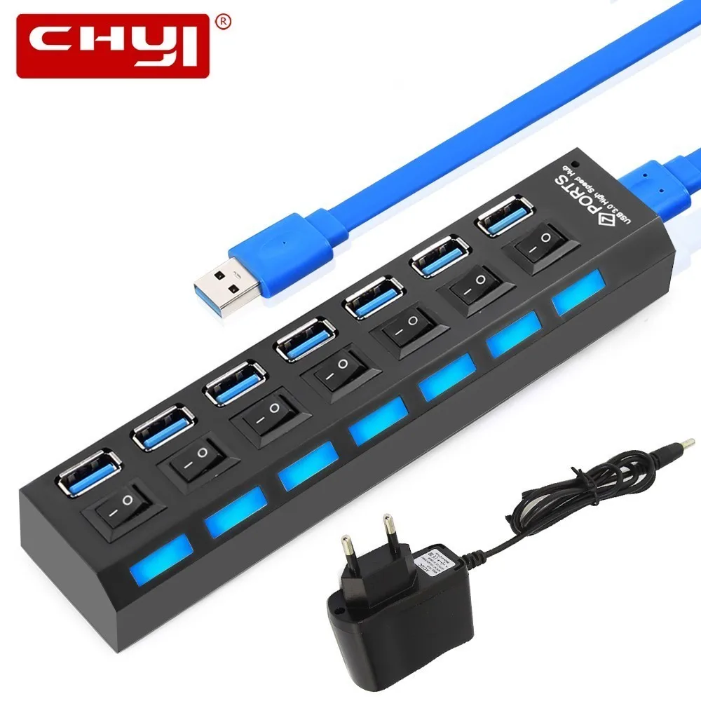Концентратор CHYI USB 3,0 USB-A-7 портов USB3.0 с источником питания постоянного тока 5 В/2 А, светодиодный переключатель включения/выключения, Разветви...
Концентратор CHYI USB 3,0 USB-A-7 портов USB3.0 с источником питания постоянного тока 5 В/2 А, светодиодный переключатель включения/выключения, Разветви...