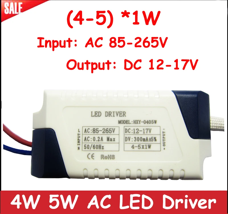 1pcs High Power (4-5)*1W 4W 5W LED Lamp Driver Input AC 85-265V Output DC 12-17V LED Driver 300mA Power Supply
1pcs High Power (4-5)*1W 4W 5W LED Lamp Driver Input AC 85-265V Output DC 12-17V LED Driver 300mA Power Supply