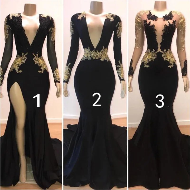 Real Picture Three Styles Evening Formal Dresses Elegant Gold Applique Long Sleeve Mermaid Party Gown Side Slit vestido de festa
Real Picture Three Styles Evening Formal Dresses Elegant Gold Applique Long Sleeve Mermaid Party Gown Side Slit vestido de festa