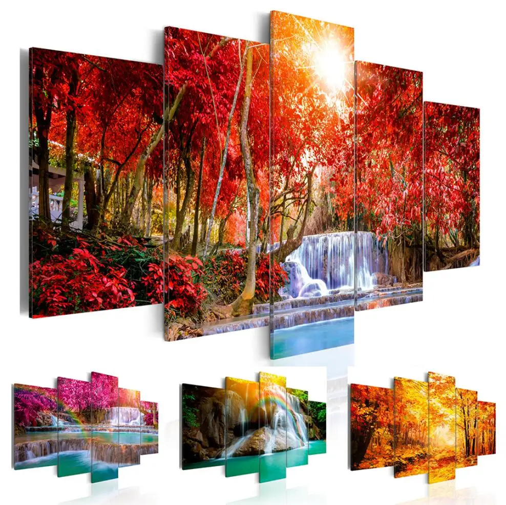 

5 панелей Красивый водопад пейзаж живопись цветы современные картины на холсте Современная Гостиная офисное украшение, без рамки