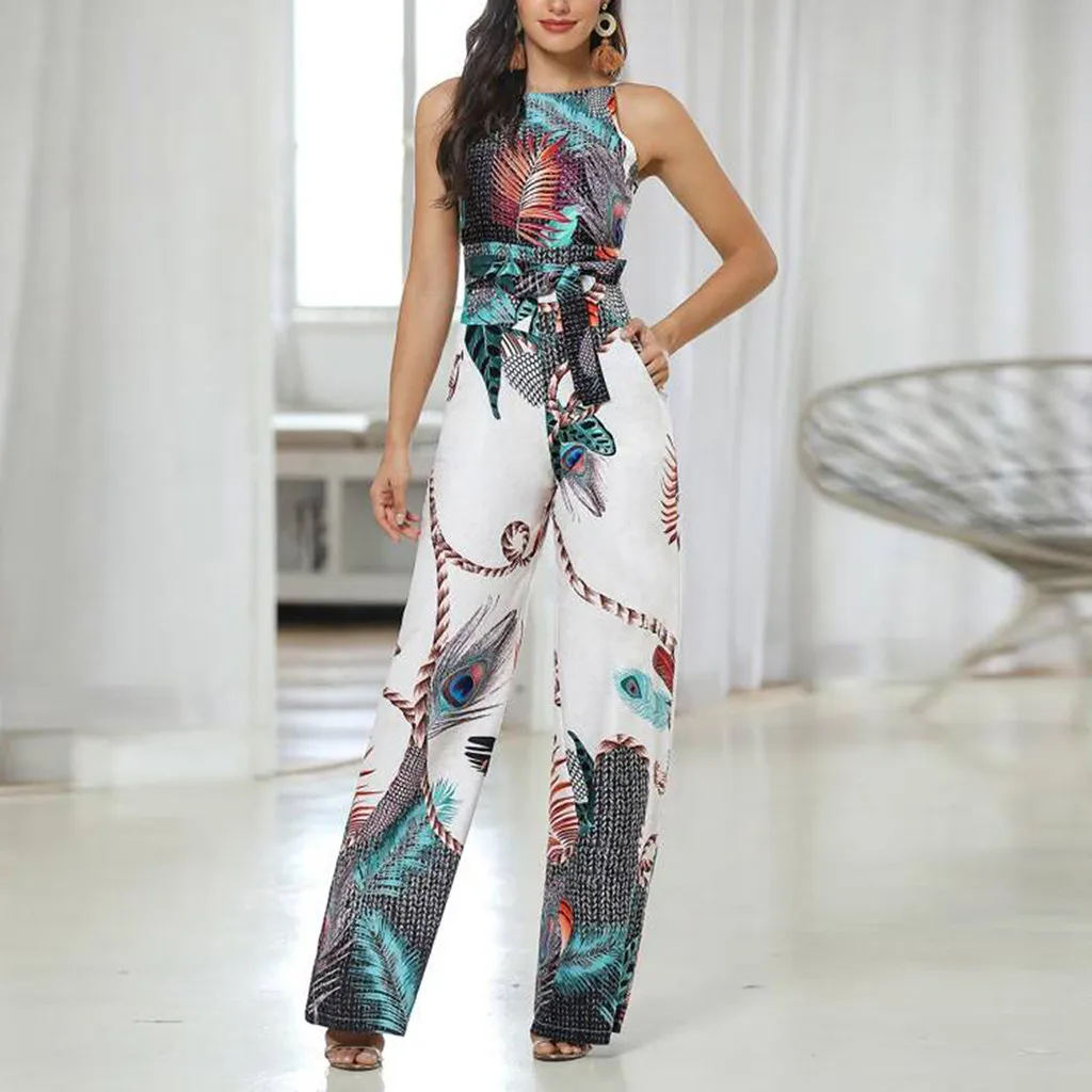 Summer Women Sexy O-Neck Feather Printed Sleeveless Bandage Loose Long Jumpsuits Trend Sling Print Loose Piece Trousers#g4
Summer Women Sexy O-Neck Feather Printed Sleeveless Bandage Loose Long Jumpsuits Trend Sling Print Loose Piece Trousers#g4