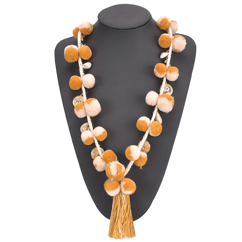 Богемное женское длинное ожерелье с подвеской и кисточками меховое помпонами