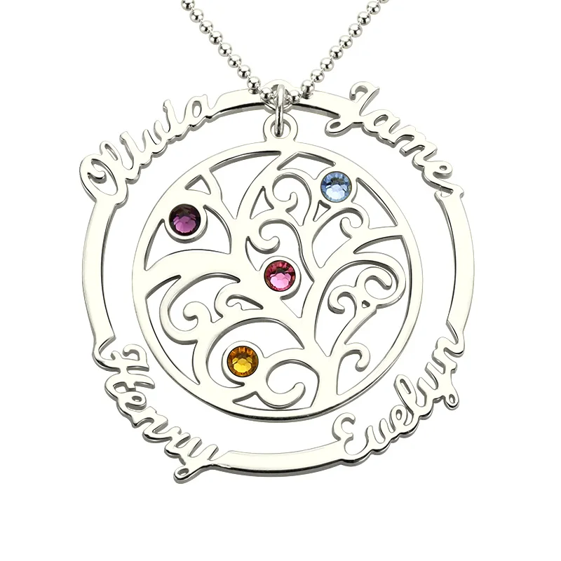 

AILIN Family Tree Necklace with Birthstone Silver Hand Stamped Mother Necklace Birthstone Necklace for Mom Grandmother