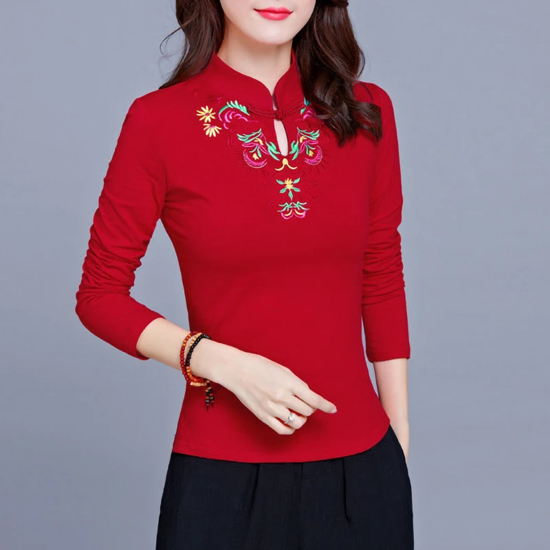 Vintage Ethnic Embroidery Long sleeve T shirt Women Stand collar 95% Cotton Plus size Ladies Tee Shirts Tops Autumn Bottoming
Vintage Ethnic Embroidery Long sleeve T shirt Women Stand collar 95% Cotton Plus size Ladies Tee Shirts Tops Autumn Bottoming