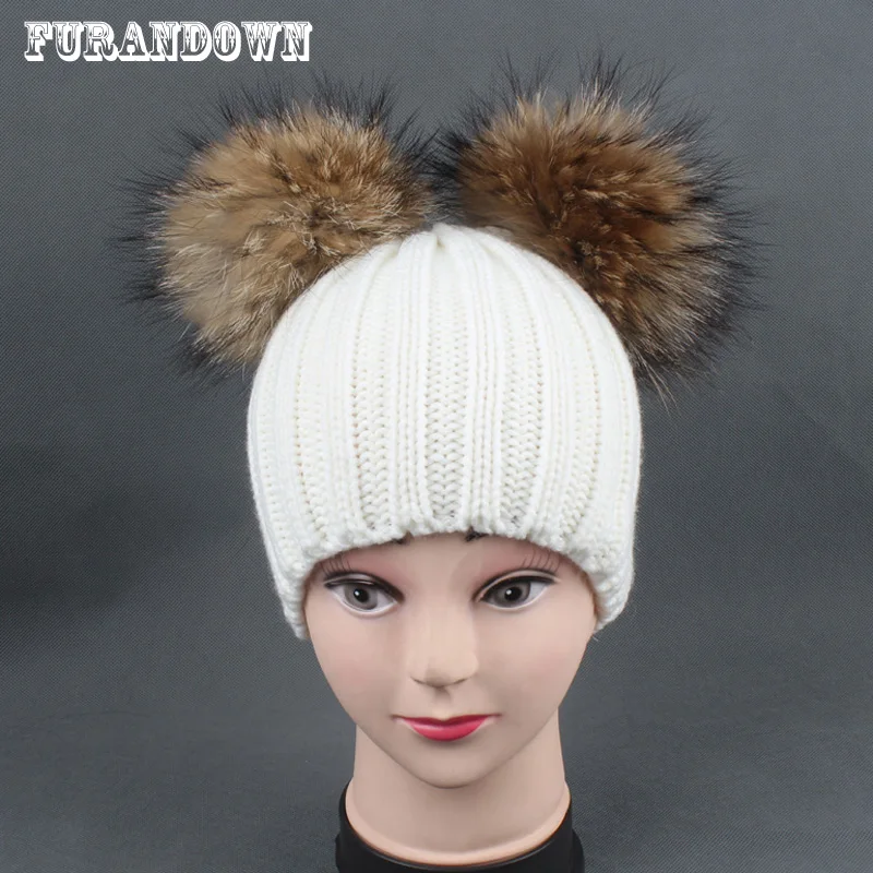 

2018 Winter Baby Hat With Two Pompoms Boy Girls Pom Pom Beanie Kids Caps Real Raccoon Fur Pompom Hat for Children