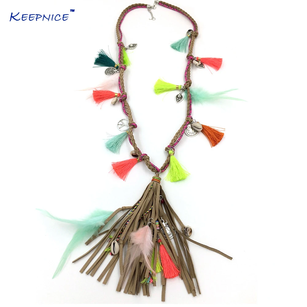 

New Boho chic Jewelry Leather Fringe Tassel Pendents Bohemia Long Necklaces SilkvTassel Charm Feather Charm Ethnic Necklace